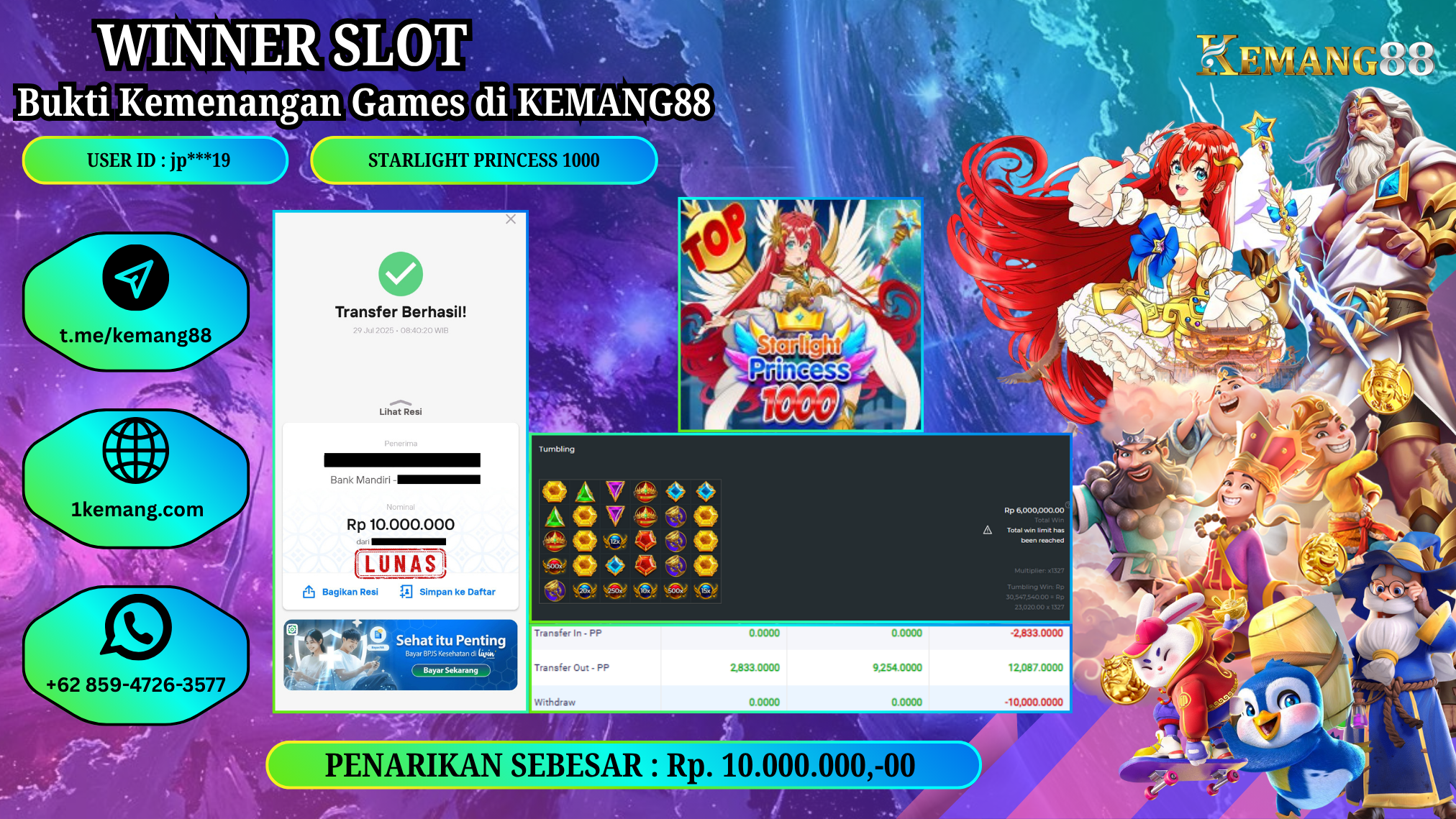 KEMANG88 [29 JULY 2025] : JACKPOT SLOT : STARLIGHT PRINCESS 1000 [PP]  Rp.10.000.000.,- LUNAS